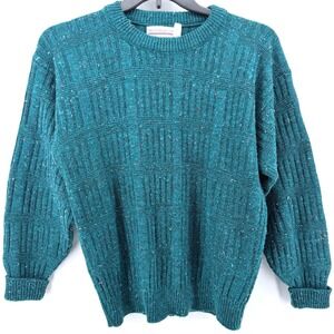 Vintage American Edition Sweater Mens L Teal Flecked Knit Crewneck Made USA 90s